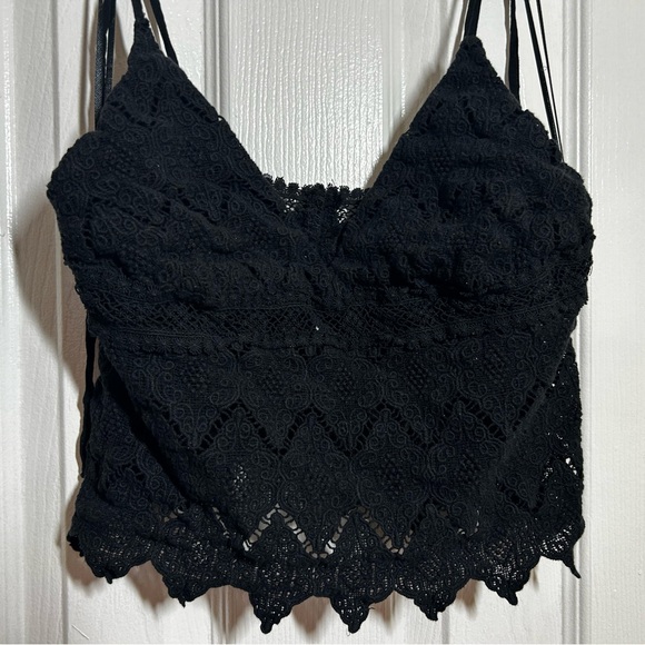 Black Lace Bralette S Crop Top Boho Scalloped Hem Sheer Lace Festival Tank - Picture 9 of 12